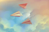 Colorful Paper Airplanes Soaring Through a Dreamy Sky