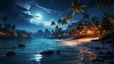 tropisch, insel, strand, nacht, mond