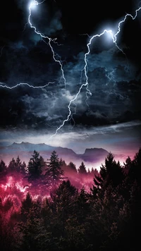 Dynamic Thunderstorm with Lightning Over a Forest Landscape