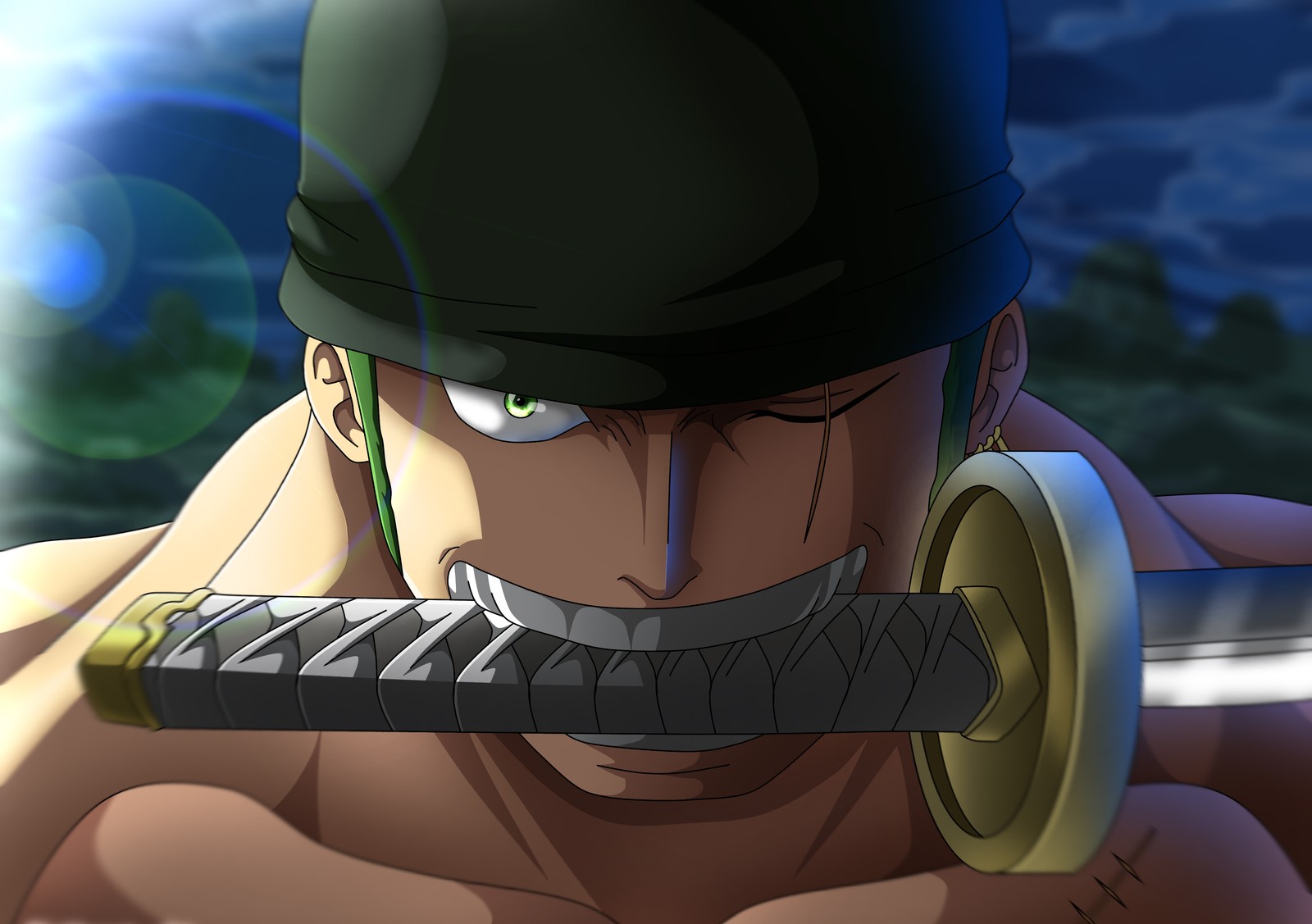 Eine nahaufnahme eines mannes mit einem schwert in der hand (roronoa zoro, katana, wado ichimonji, one piece, anime)