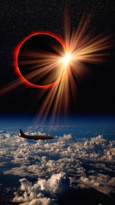 airplane, clouds, moon, sky, sun