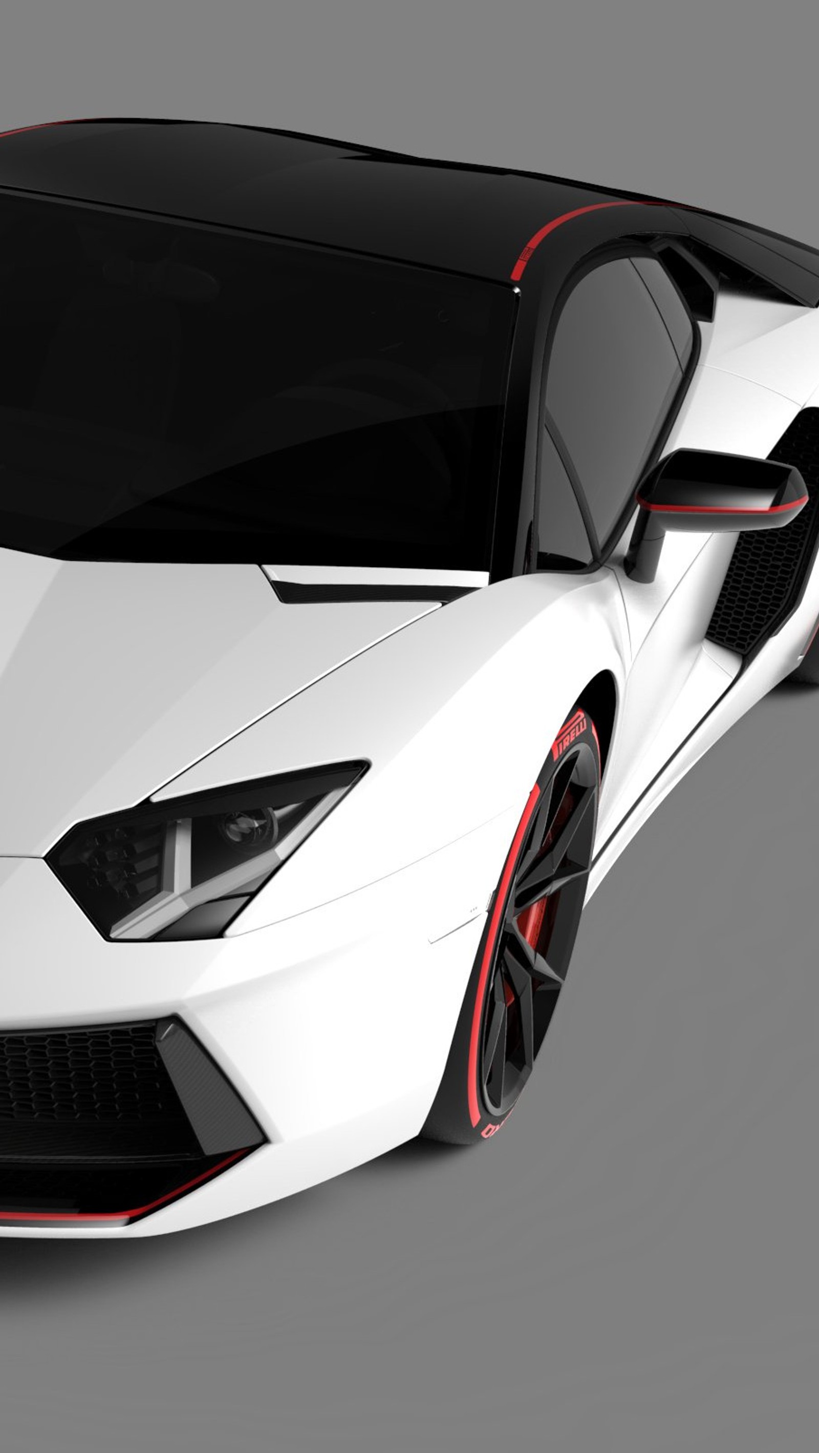 A close up of a white sports car with red trims (car, lamborghini, tuned)