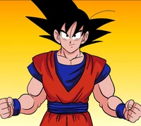 Goku em uma pose dinâmica contra um fundo brilhante