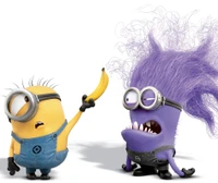 Minions dans des pitreries ludiques : personnages jaunes et violets avec une banane