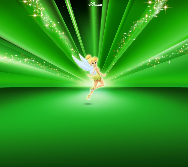 A green background with a fairy flying through the air (disney, tinkerbell)