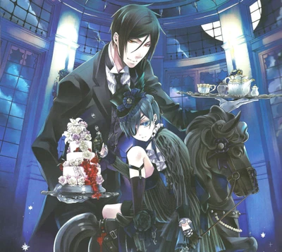 Ciel e Sebastian em um ambiente escuro e elegante de Black Butler (Kuroshitsuji)