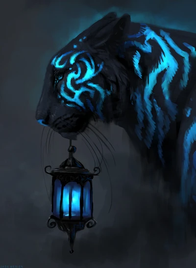 Surreal Black Tiger with Glowing Blue Lantern