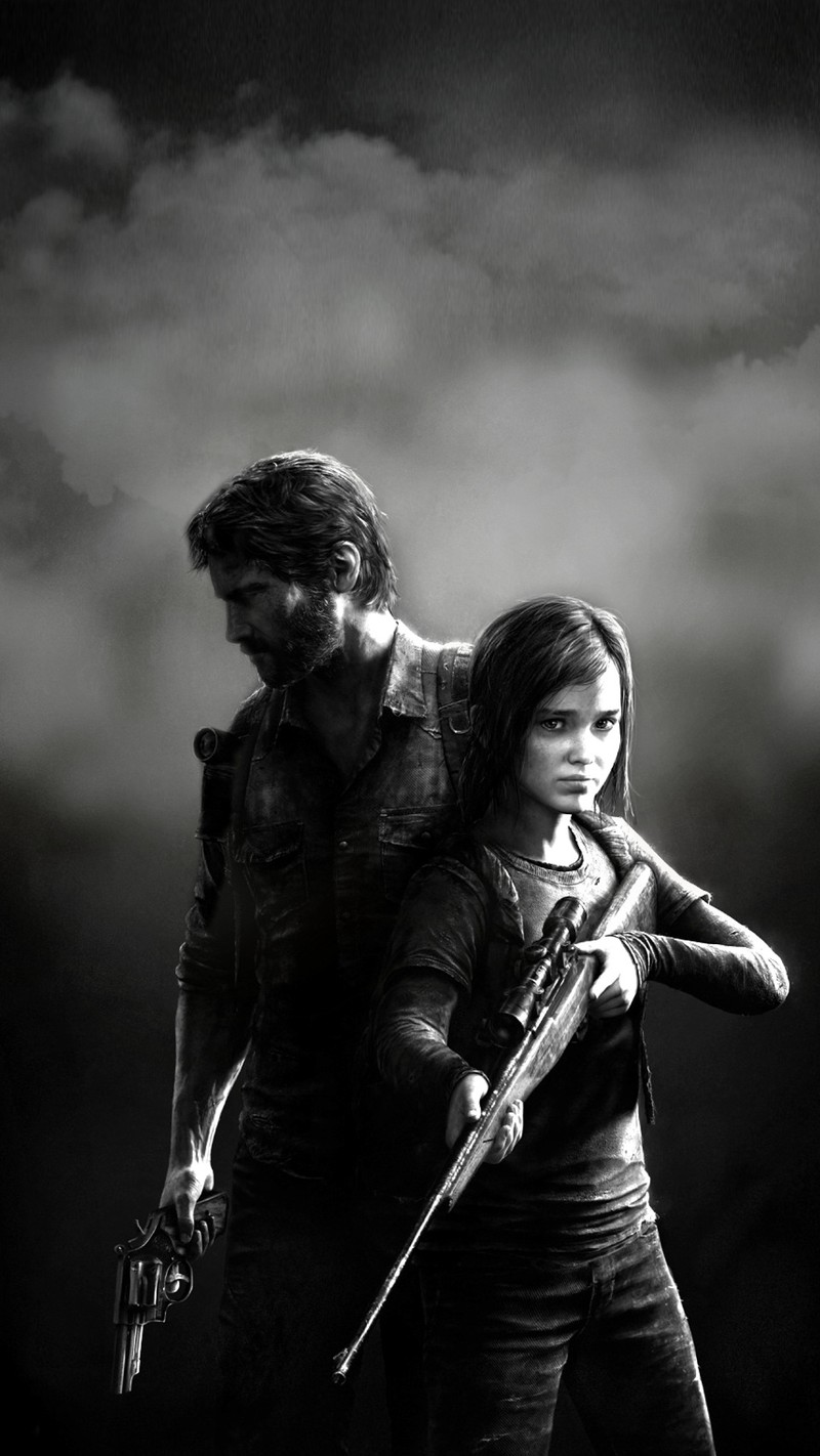 A black and white photo of a man and a woman holding guns (game, last)