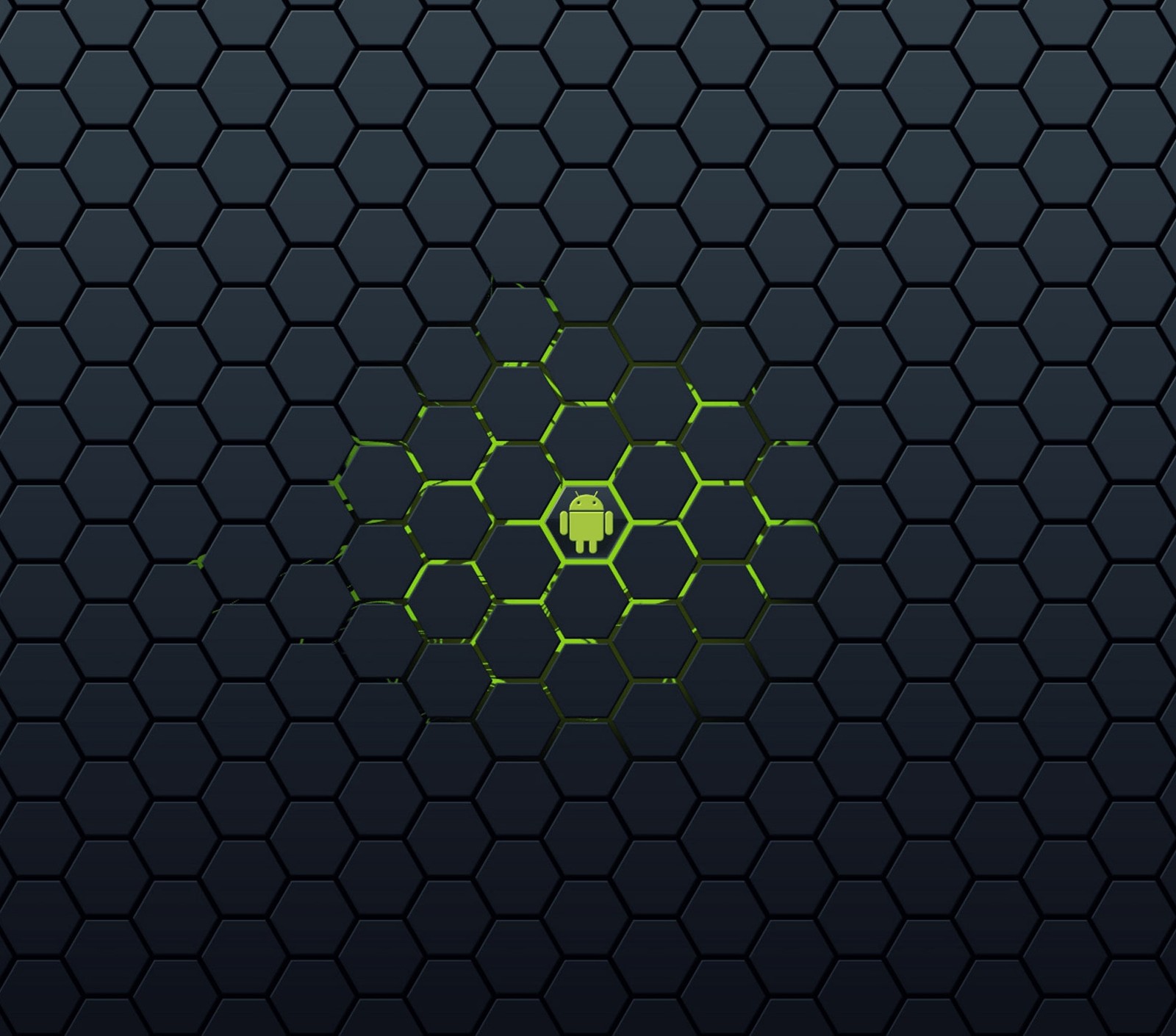 A green and black hexagon pattern with a skull on it (android, black, dark, fantasy landscape, future)