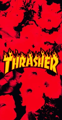 Logo de Thrasher Magazine rodeado de vibrantes flores rojas