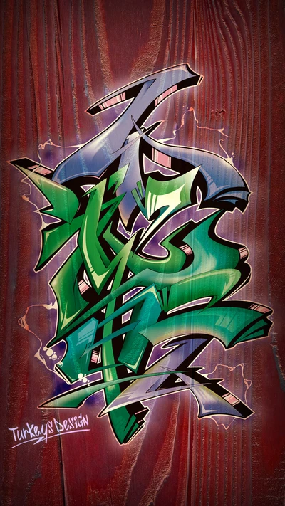 Arte de graffiti vibrante de kanji sobre fondo de madera