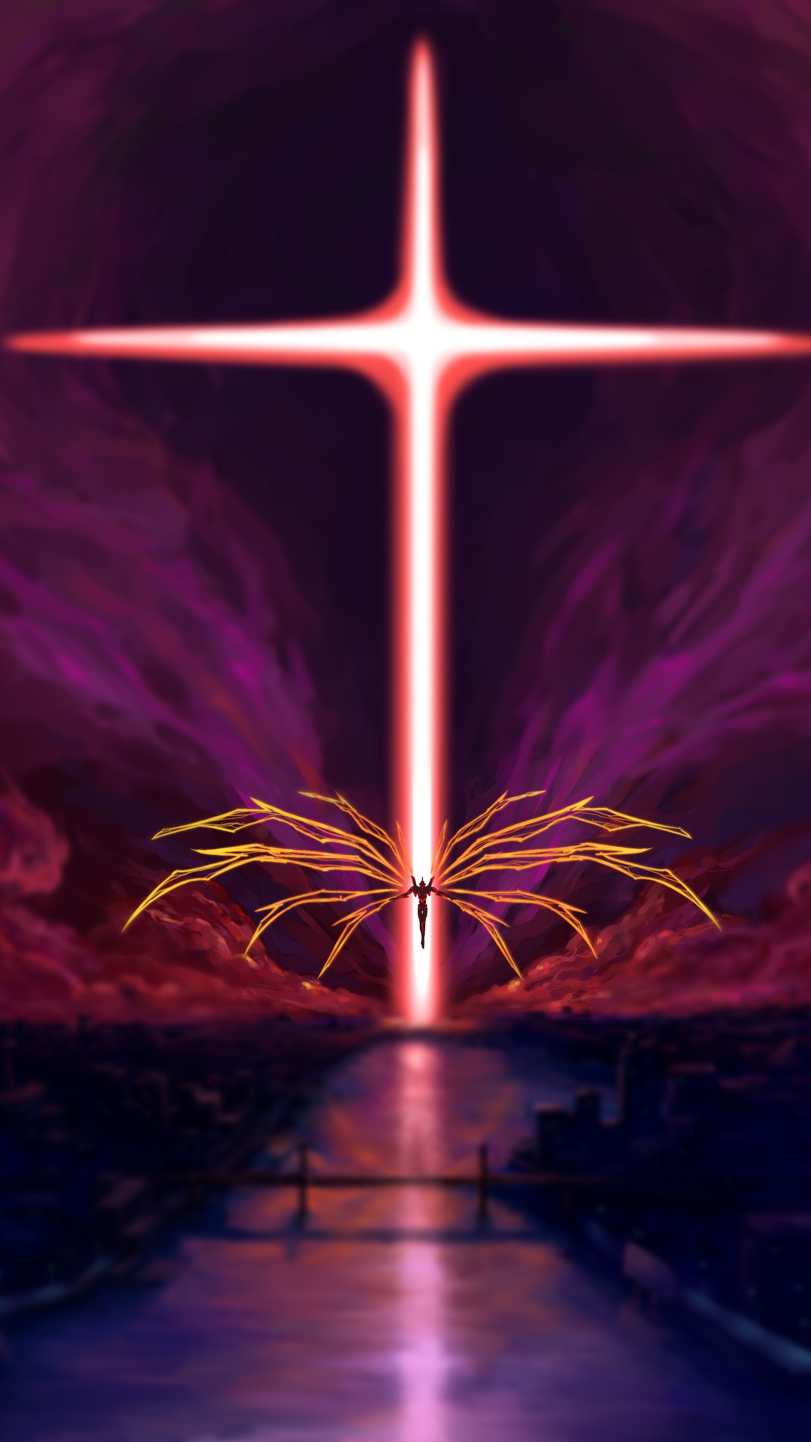 A painting of a cross with a person standing in front of it (eva 01, evangelion, first, impact, neon genesis evangelion)