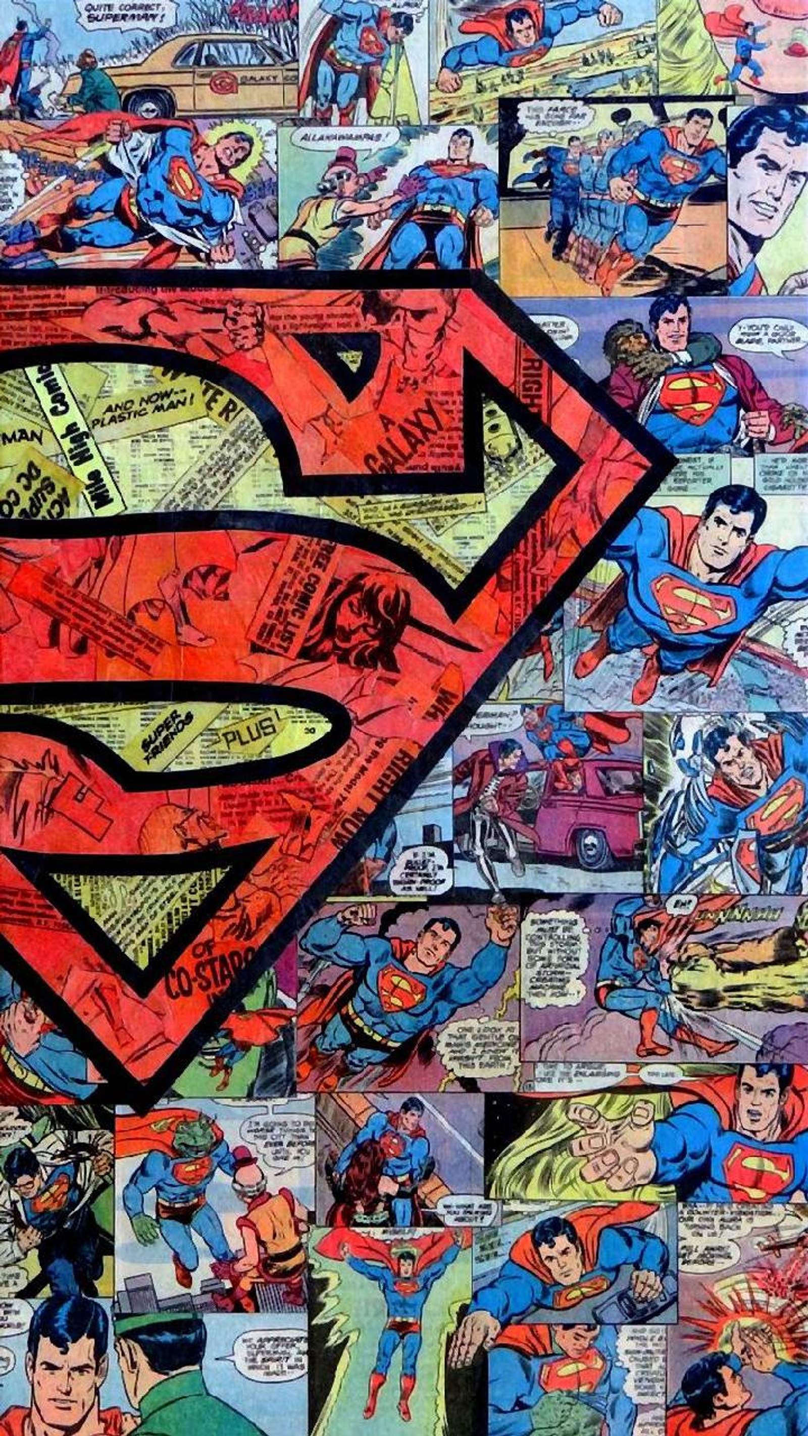 A close up of a superman comic book cover with many different comics (hero, superman)