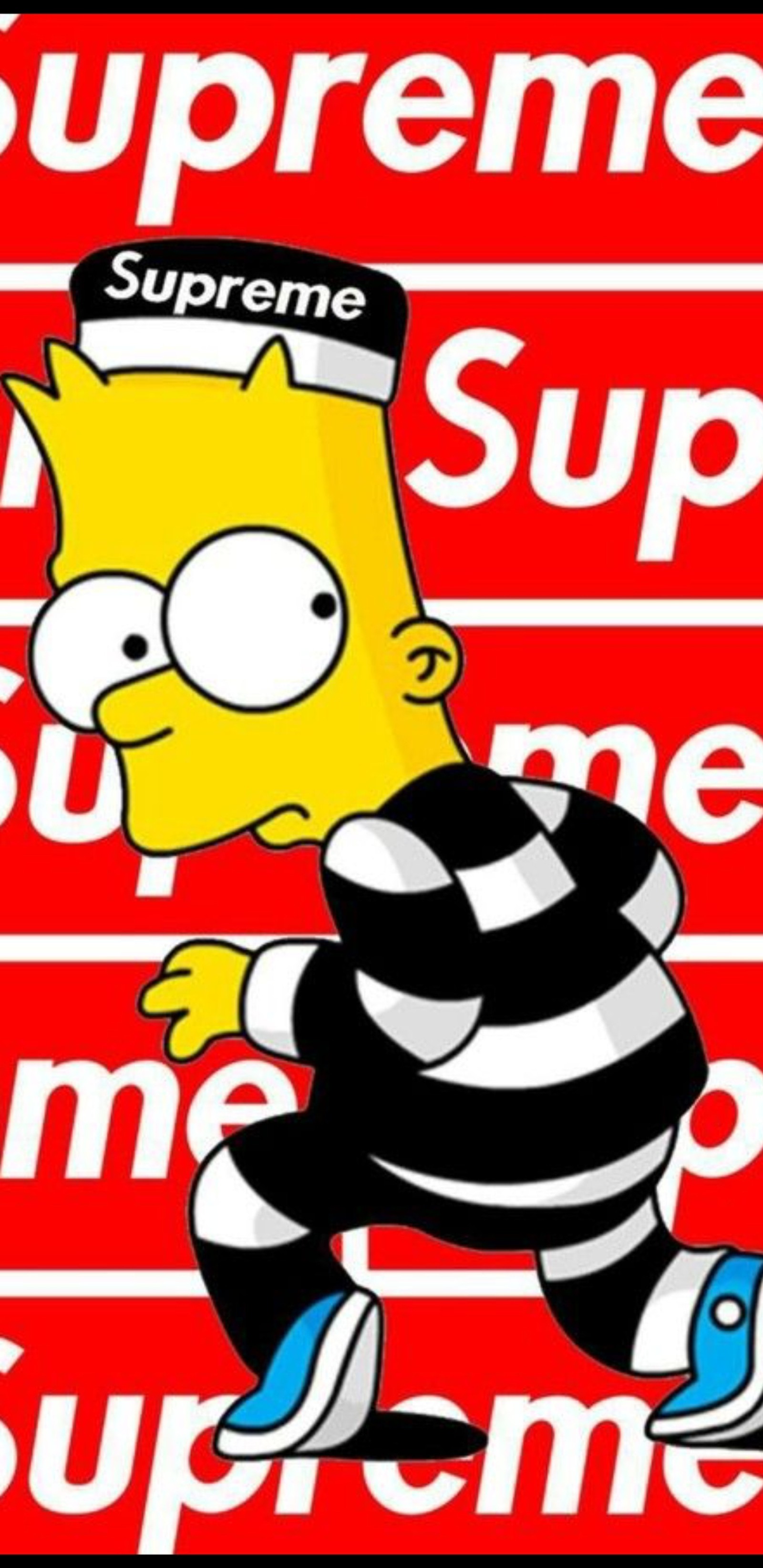 Un personaje de dibujos animados con un disfraz de prisionero corriendo con la palabra supreme (simpsons, supreme)