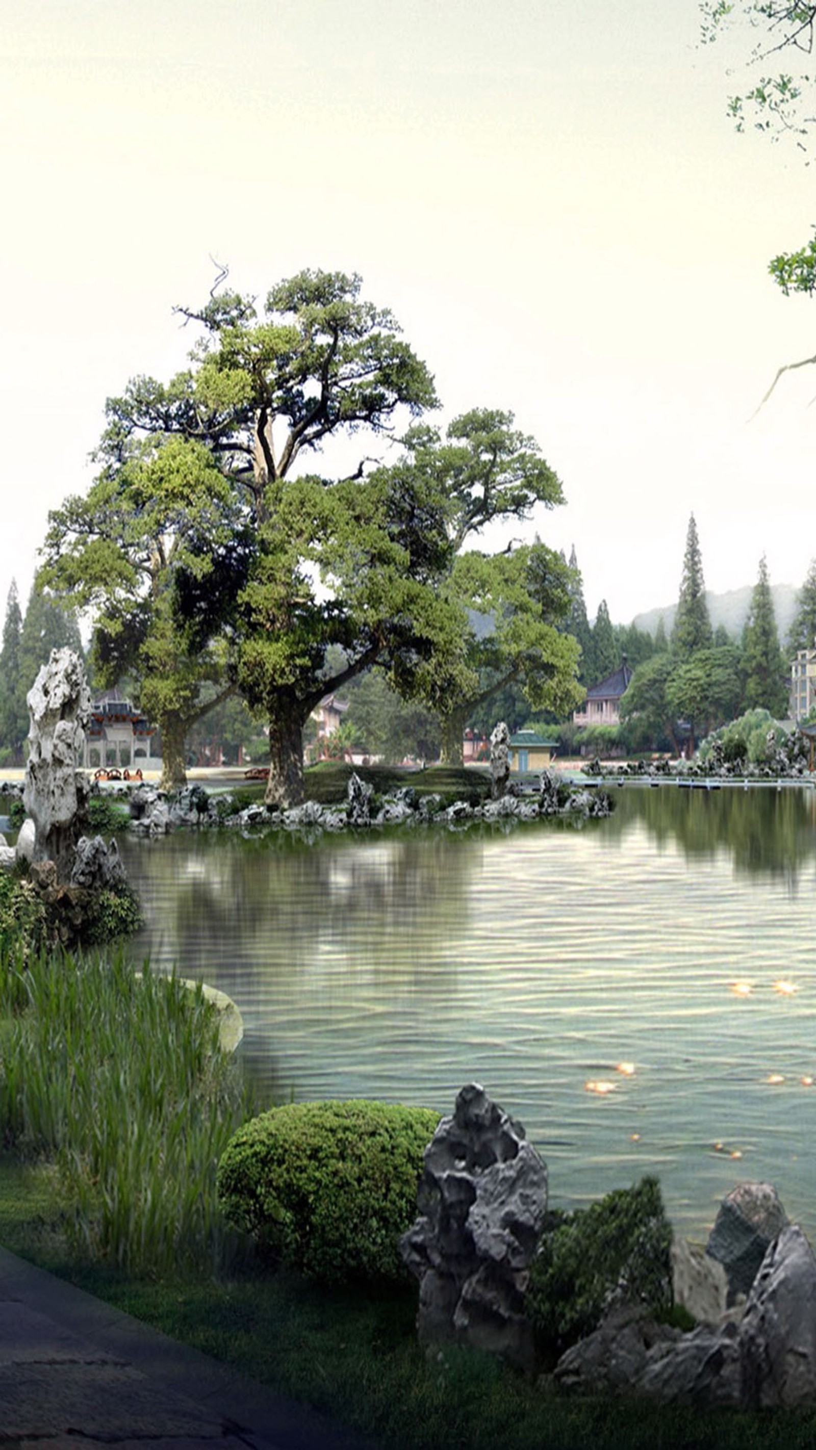 Un étang avec un arbre et un pont en pierre (jardin, japonais)