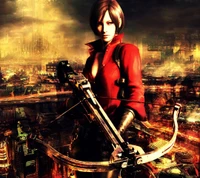 Ada Wong aventurera con ballesta en un paisaje urbano distópico