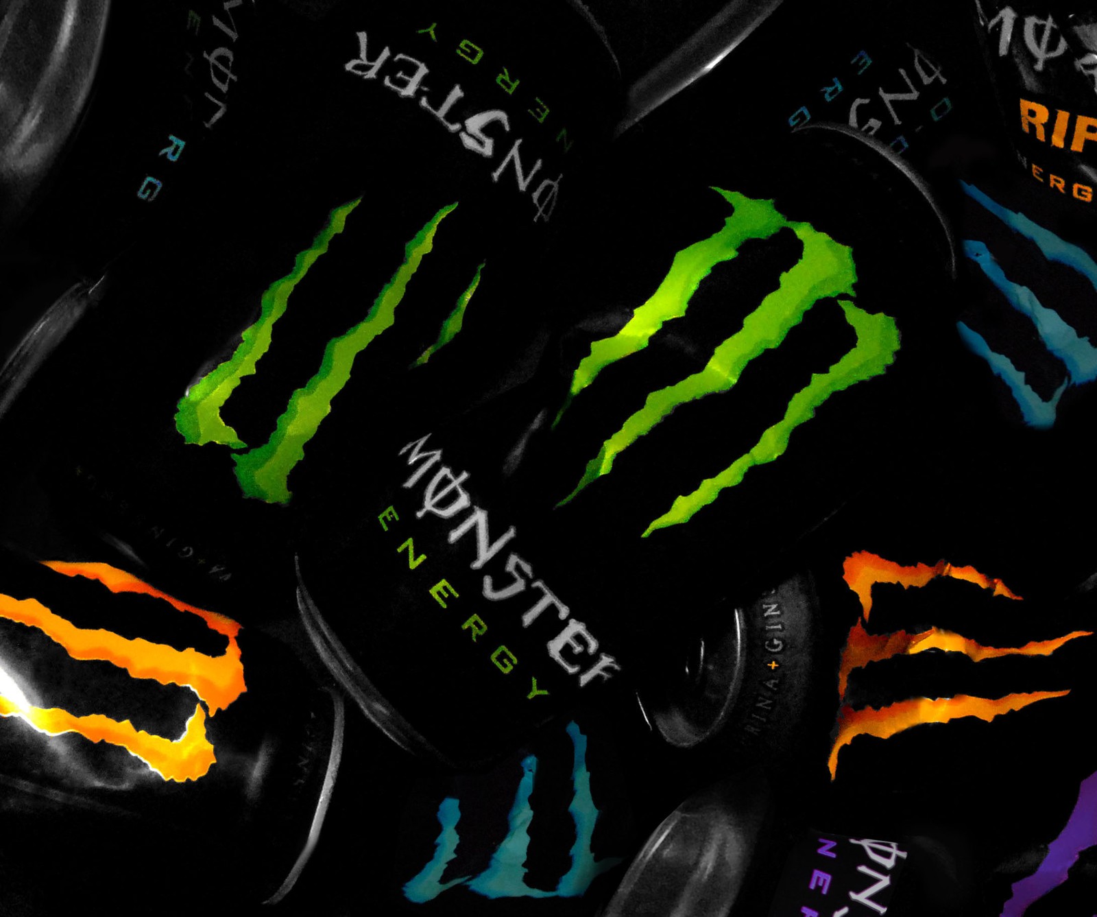 Крупный план кучи банок monster energy (мем, рубаб, rubab)