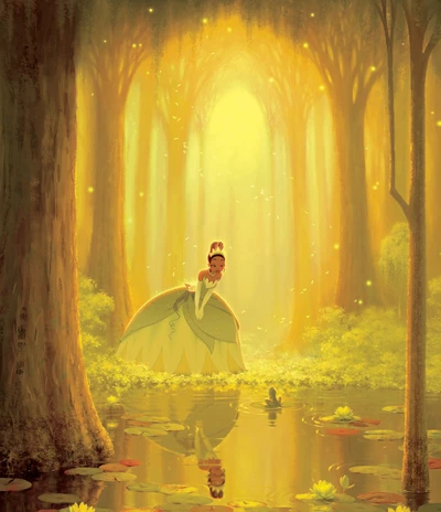 Tiana in einem magischen Wald, umgeben von Glühwürmchen und spiegelndem Wasser, umarmt ihre Träume.