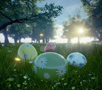 Huevos de Pascua coloridos anidados en un paisaje de hierba iluminado por el sol, rodeados de árboles y flores en flor.