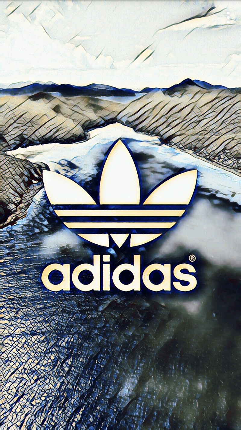 Adidas logo on a black background with a mountain in the background (plains, water)