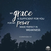 A serene night sky filled with stars, accompanied by a powerful biblical verse emphasizing grace and strength in weakness.