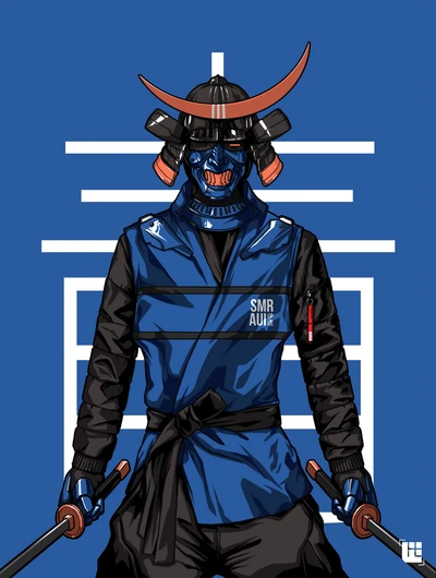 Samurai mascarado em casaco azul com espadas contra fundo preto e azul