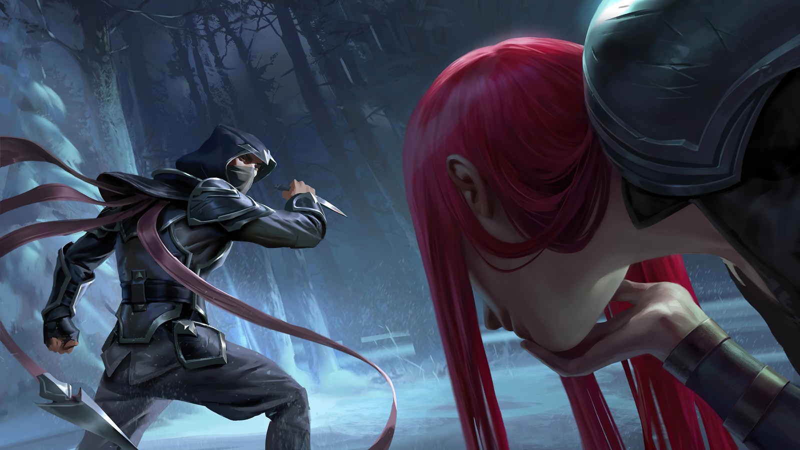 A woman with red hair and a sword in a snowy forest (talon, katarina, league of legends, lol, video game)