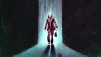 A solitary figure in a red suit walks through a dimly lit corridor, illuminated by an ethereal glow, embodying the haunting presence of the Joker.