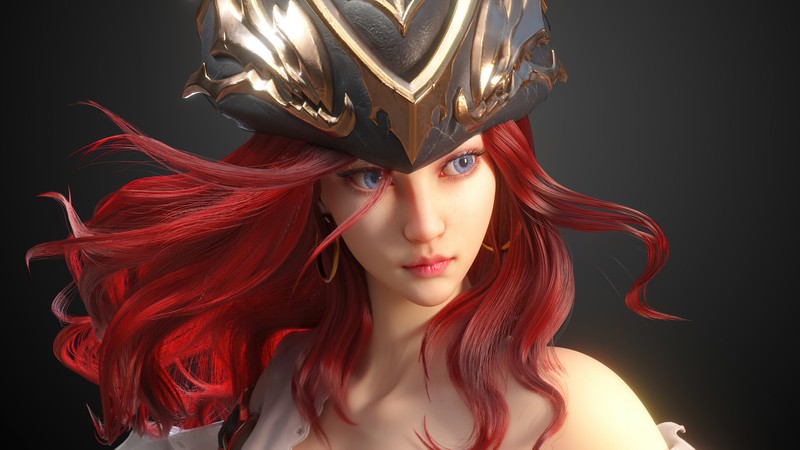 Крупный план женщины с красными волосами в шлеме (мисс фортуна, miss fortune, league of legends, lol, видеоигра)