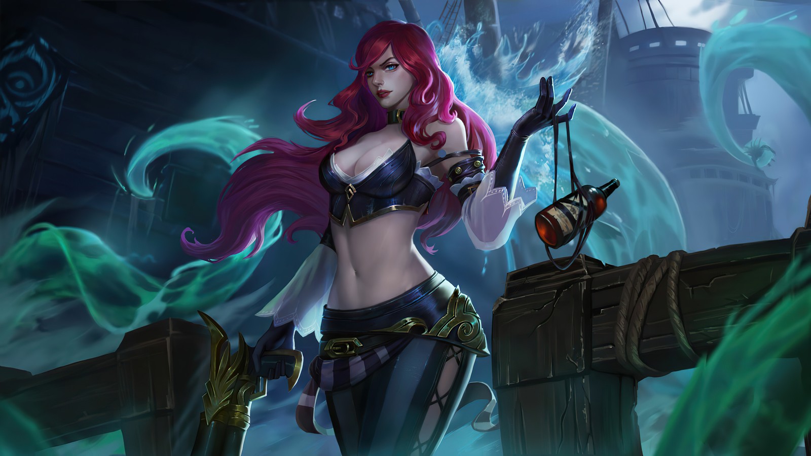 Una mujer en bikini y un sombrero de pirata de pie en un barco (miss fortune, lol, league of legends, videojuego)