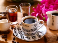 Turkish coffee served in a musical-note patterned cup, accompanied by coffee beans, herbal tea, and a decorative flower backdrop.