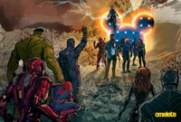 Assemblée épique de super-héros : Personnages emblématiques de Marvel s'unissent dans un cadre post-apocalyptique