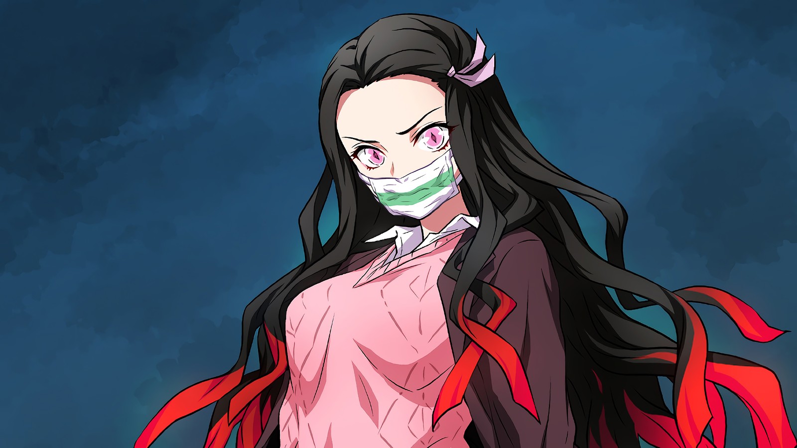 Anime, eine frau mit langen haaren und einer maske im gesicht (nezuko kamado, kimetsu no yaiba, dämonentöter kimetsu no yaiba, demon slayer kimetsu no yaiba, anime)