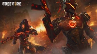 Dynamic showdown featuring armored characters with glowing accents in a fiery battlefield setting, showcasing Garena Free Fire's battle royale aesthetic.