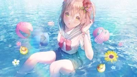 Anime-Mädchen in Schuluniform, das einen verspielten Tag im Wasser genießt