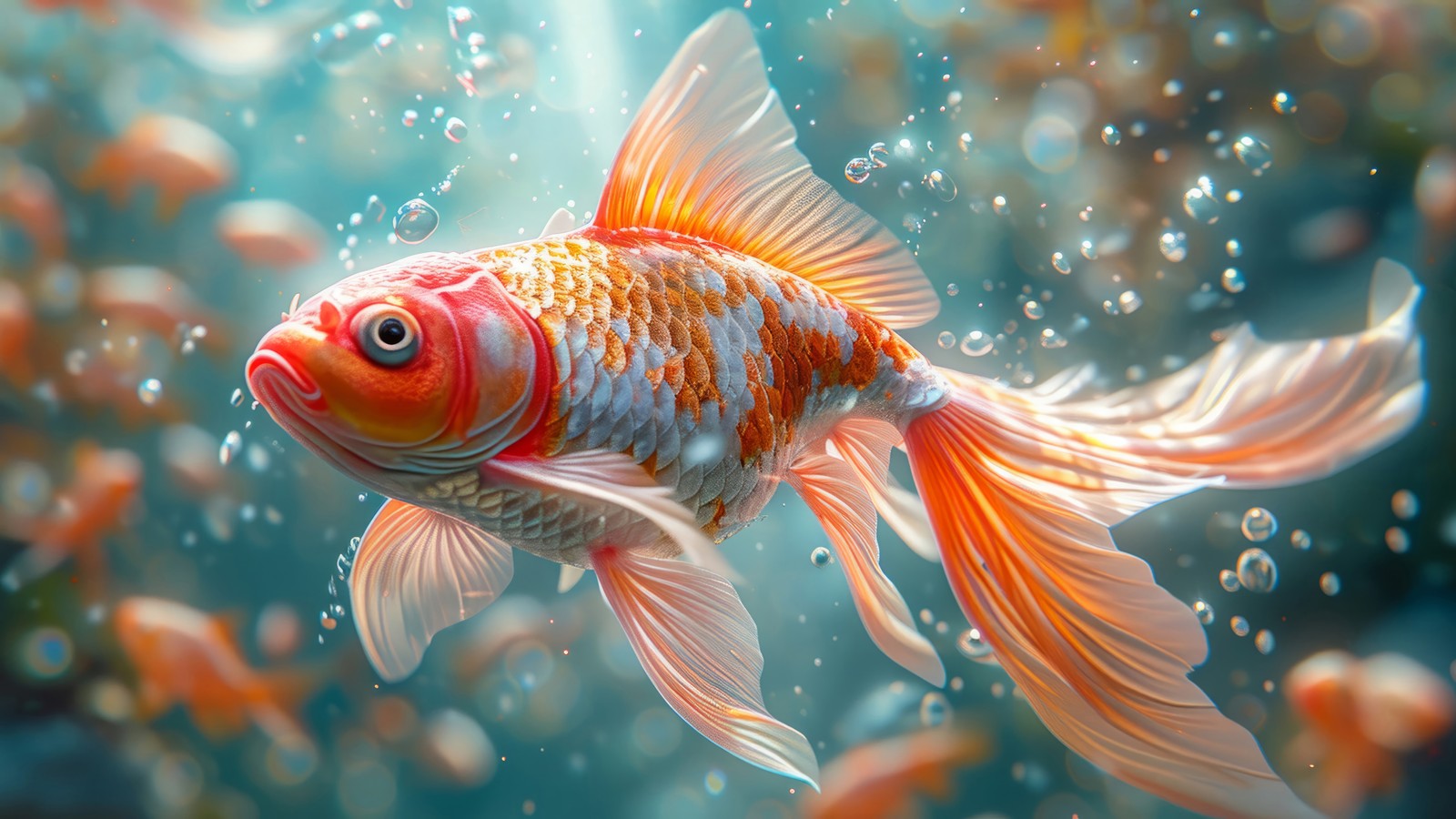 There is a goldfish swimming in a tank with bubbles (fish, animals, underwater)