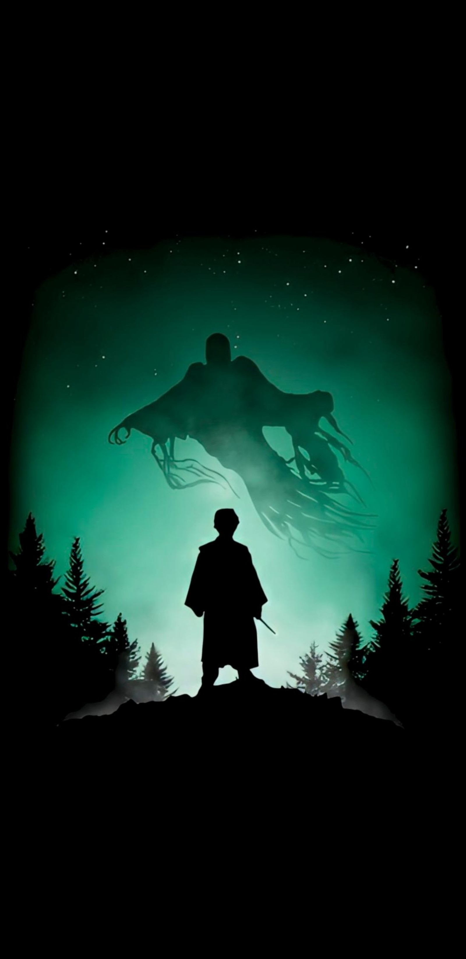 Un gros plan d'une personne debout sur une colline avec un ciel vert (lord voldemort, harry potter, affiche, atmosphère, monde)