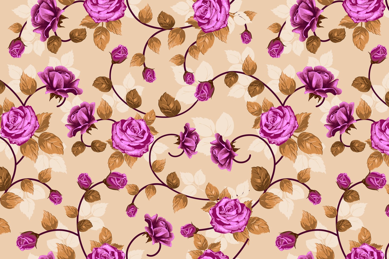 Un patrón floral sin costuras con rosas y hojas sobre un fondo beige. (adorno, patrón, violeta, púrpura, lila)