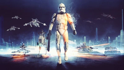 Clone Trooper en action sur un champ de bataille futuriste