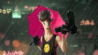 Interprète cyberpunk avec un parapluie rose et un sourire