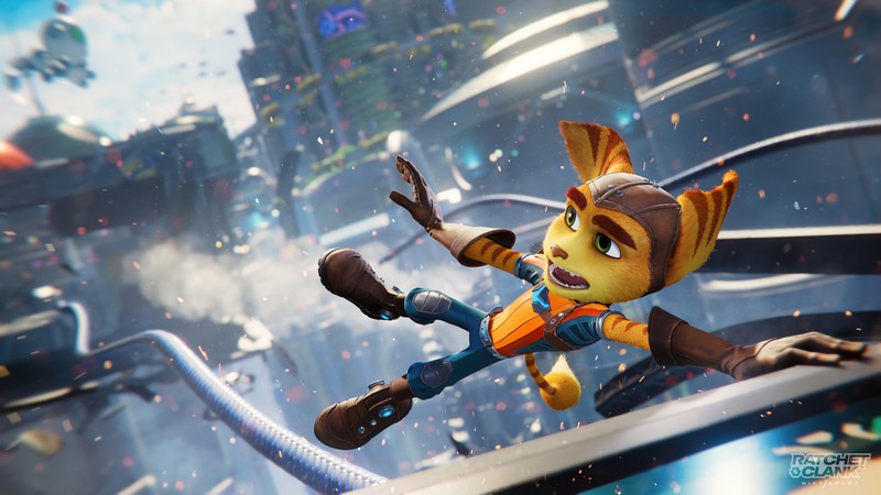 Ратмен в городе с кошкой на спине (ratchet clank rift apart, ratchet and clank rift apart, ps5, playstation 5, видеоигра)