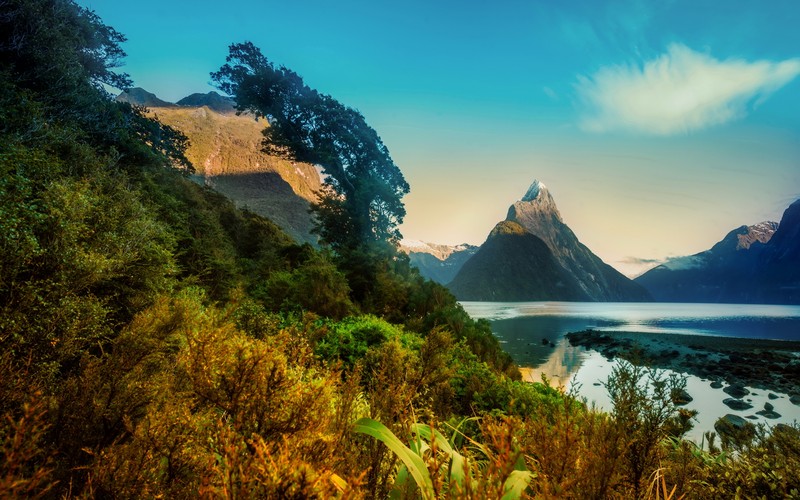 Вид на горный массив с озером и горами на заднем плане (милфорд саунд, milford sound, природа, гора, возвышенность)