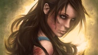 Lara Croft Portrait: Captivating Fan Art of the Iconic Tomb Raider Character with Long Hair and Striking Expression.