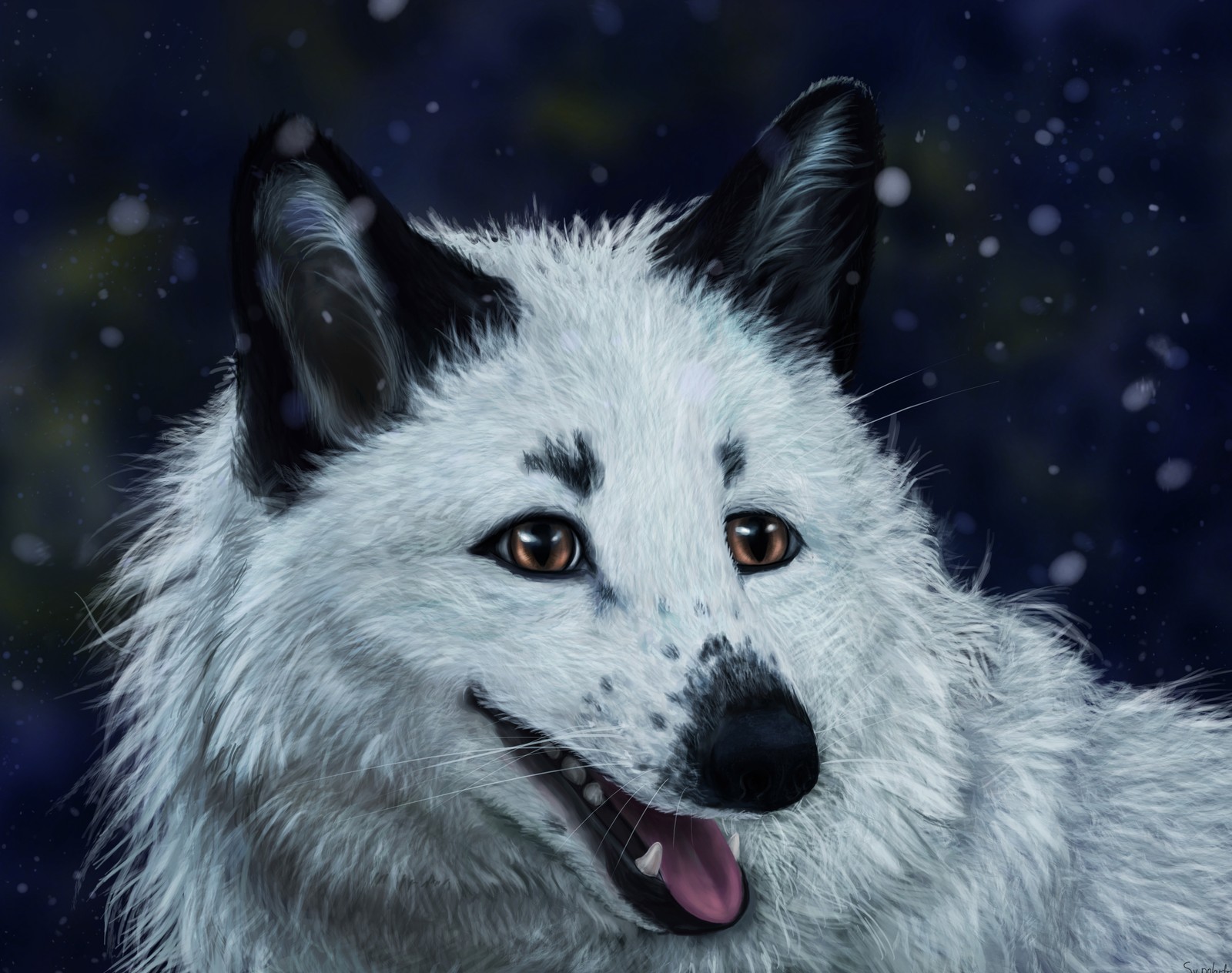 Pintura de um lobo branco com um nariz preto e olhos marrons. (canidae, cachorro, raça de cachorro, cão da groenândia, cão nativo americano)