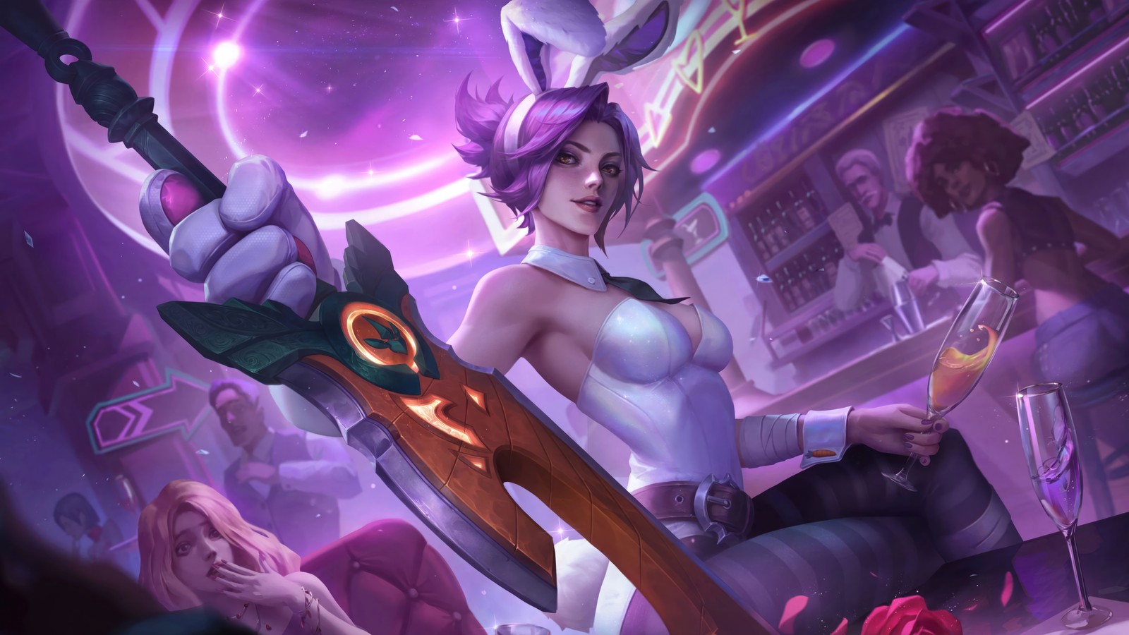 Une femme en robe blanche tenant une épée dans un bar (riven, battle bunny, granite, chroma, league of legends)