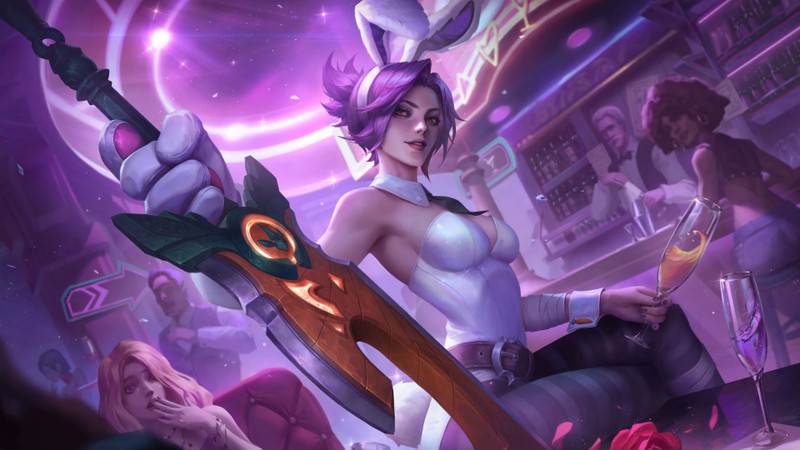 Женщина в белом платье, держащая меч в баре (riven, боевая кролик, battle bunny, гранит, хрома)