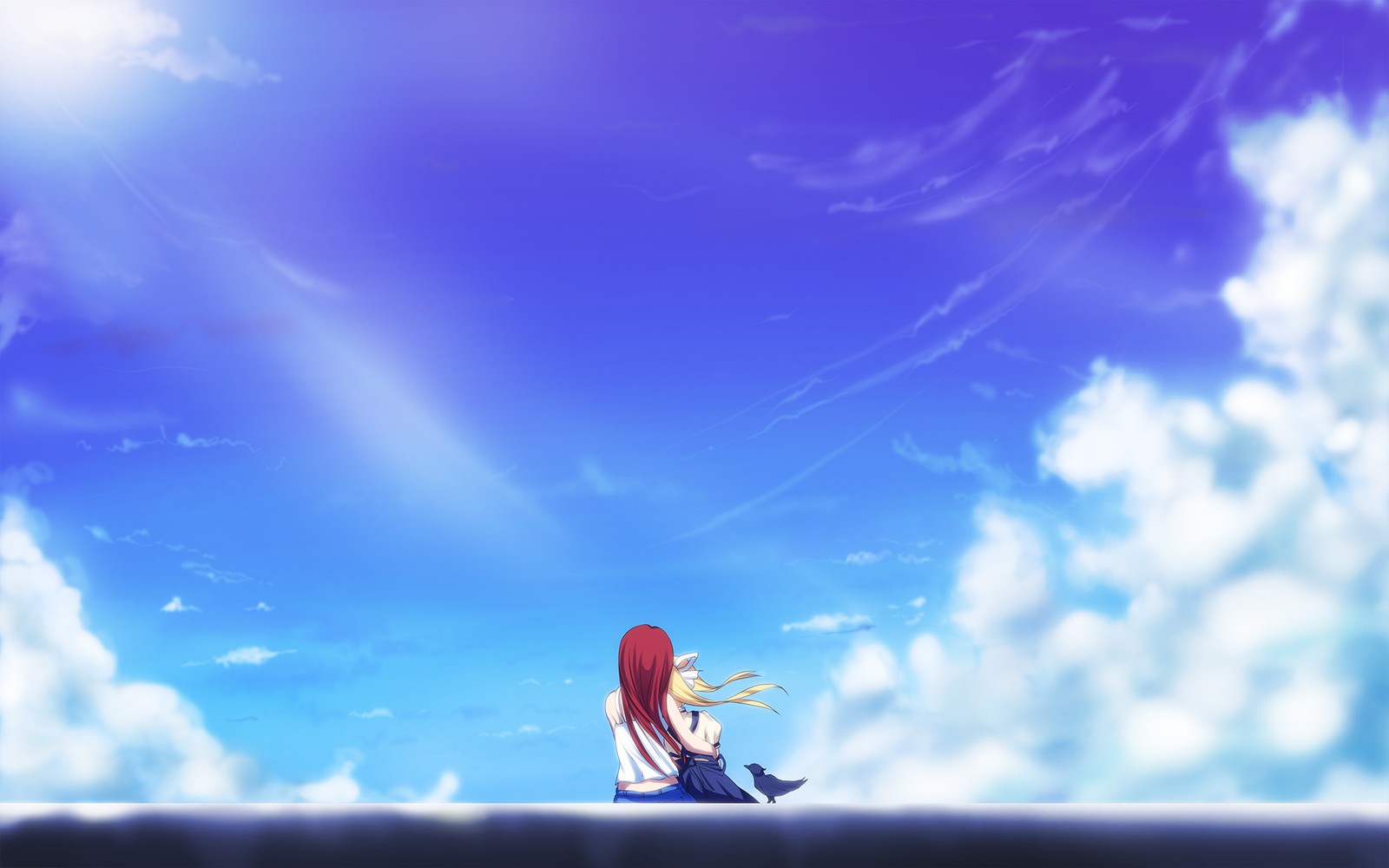 Anime, une fille assise sur un rebord regardant le ciel (bleu, nuage, ensoleillement, nuages, horizon)