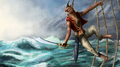 A mythical feline warrior navigates treacherous seas, wielding a sword while poised on a rope ladder against a stormy backdrop.