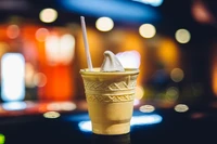 Delicious ice cream dessert served in a waffle cup, topped with creamy swirl, against a blurred backdrop.