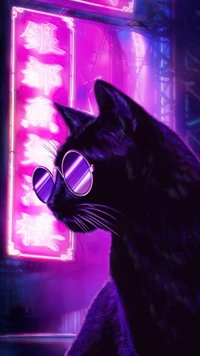 Um elegante gato preto com óculos de sol com tonalidade violeta, contra um fundo de vibrantes luzes neon roxas e azuis elétricas, exala um charme estético.